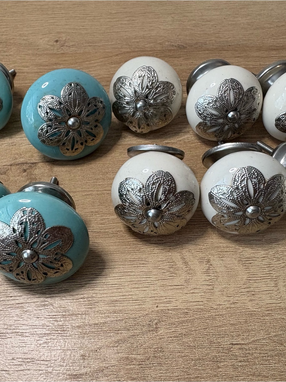 Decorative Ceramic Drawer Knobs with Silver Floral Accent - White & Teal